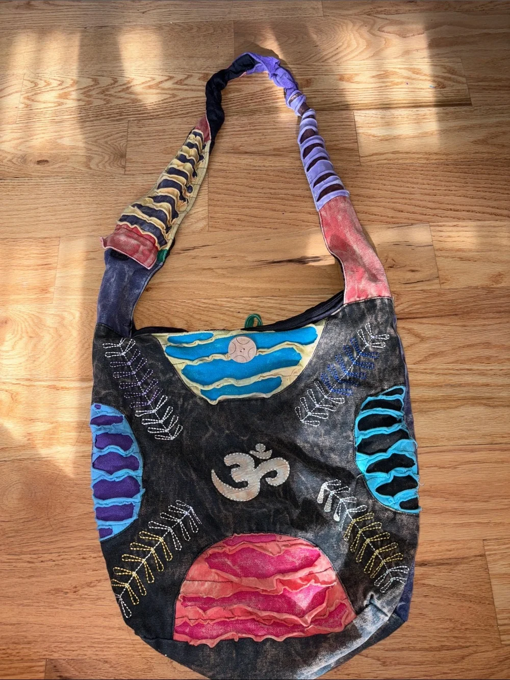 Bohemian Embroidered Om Crossbody Bag in Black with Multicolor Appliqué